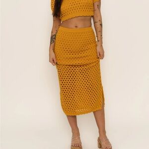 NEW CALLAHAN Knitwear Camila Maxi Skirt Yellow Bronze Lined Cotton Large NWT